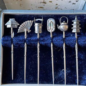 VINTAGE STERLING SILVER JAPANESE COCKTAIL PICKS, SET OF 6 IN ORIGINAL BOX